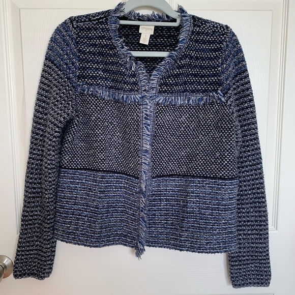 Chico’s Women’s Cotton Wool Blend Fringe Hem Lined Blazer Jacket Sz 1 - Picture 1 of 12